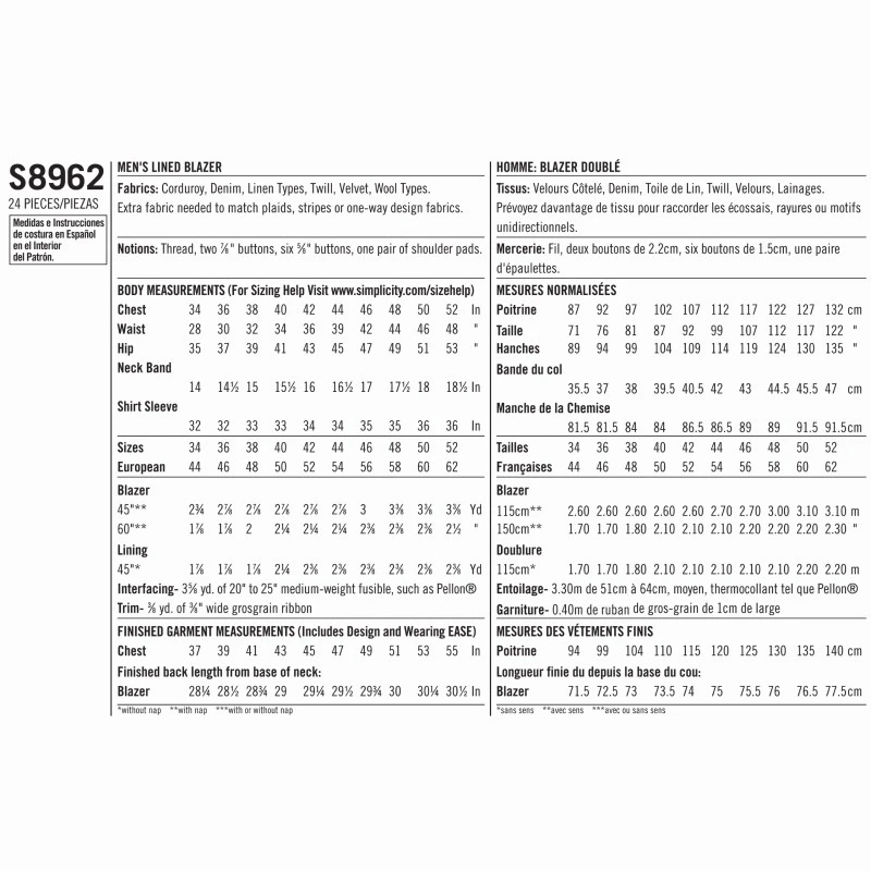 Simplicity Sewing Pattern S8962 Men's Lined 2 Button Blazers Jacket Coat Formal 4 Simplicity Sewing Pattern S8962 Men's Lined 2 Button Blazers Jacket Coat Formal - Image 2