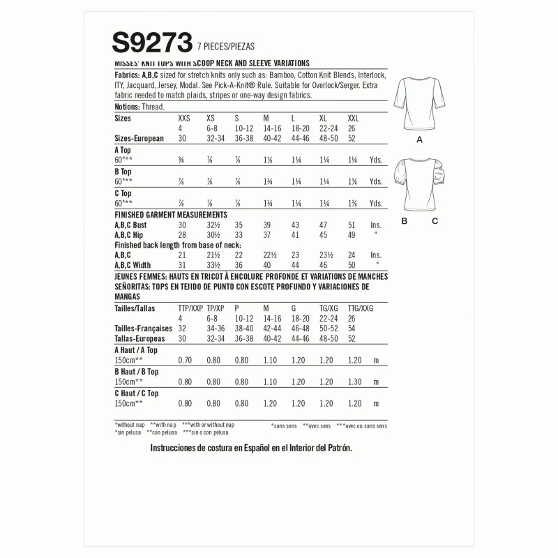 Simplicity Sewing Pattern S9273 Misses' Knit Top Scoop Neck And Sleeve Variation 4 Simplicity Sewing Pattern S9273 Misses' Knit Top Scoop Neck And Sleeve Variation - Image 2