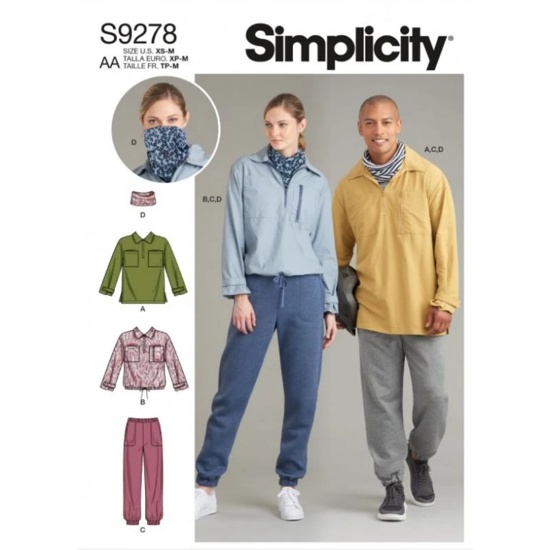 Simplicity Sewing Pattern S9278 Unisex Half Zip Top, Trousers, Snood Or Mask 3 Simplicity Sewing Pattern S9278 Unisex Half Zip Top, Trousers, Snood Or Mask
