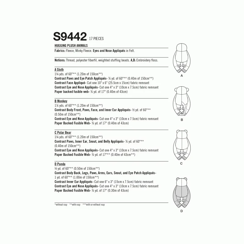 Simplicity Sewing Pattern S9442 20" Stuffed Hugging Plush Animals 4 Simplicity Sewing Pattern S9442 20" Stuffed Hugging Plush Animals - Image 2