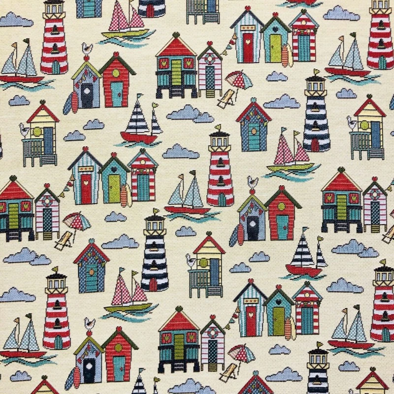Tapestry Fabric Marine Beach Huts Upholstery Furnishings Curtains 140cm Wide 3 Tapestry Fabric Marine Beach Huts Upholstery Furnishings Curtains 140cm Wide