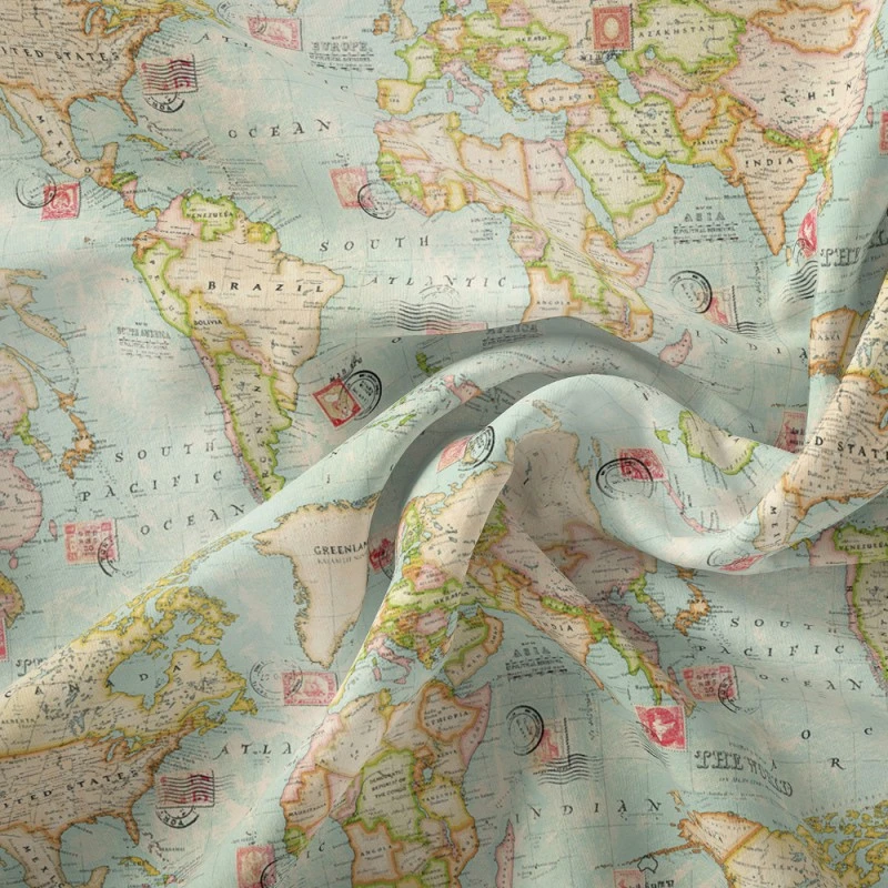 Teflon Coated Panama Fabric Cotton Rich Canvas Printed Blue World Map 140cm Wide 4 Teflon Coated Panama Fabric Cotton Rich Canvas Printed Blue World Map 140cm Wide - Image 2