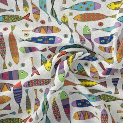 Teflon Coated Panama Fabric Cotton Rich Canvas Printed Fishes Multi 140cm Wide -OHSEWCRAFTY teflon coated panama fabric cotton rich canvas printed fishes multi 140cm wide 1