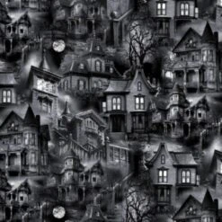 Timeless Treasures Fabric Black Wicked Haunted Houses Cotton 112cm Wide