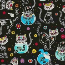 Timeless Treasures Fabric Cat Skeletons & Fishbowls Halloween Cotton 112cm Wide