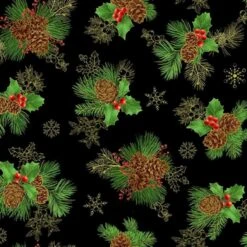 Timeless Treasures Fabric Pinecone Berry Bouquet Tossed Cotton Metallic 112cm Wide