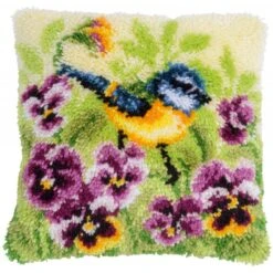 Vervaco Blue Tit On Pansies Latch Hook Cushion Kit – DIY Craft Kit