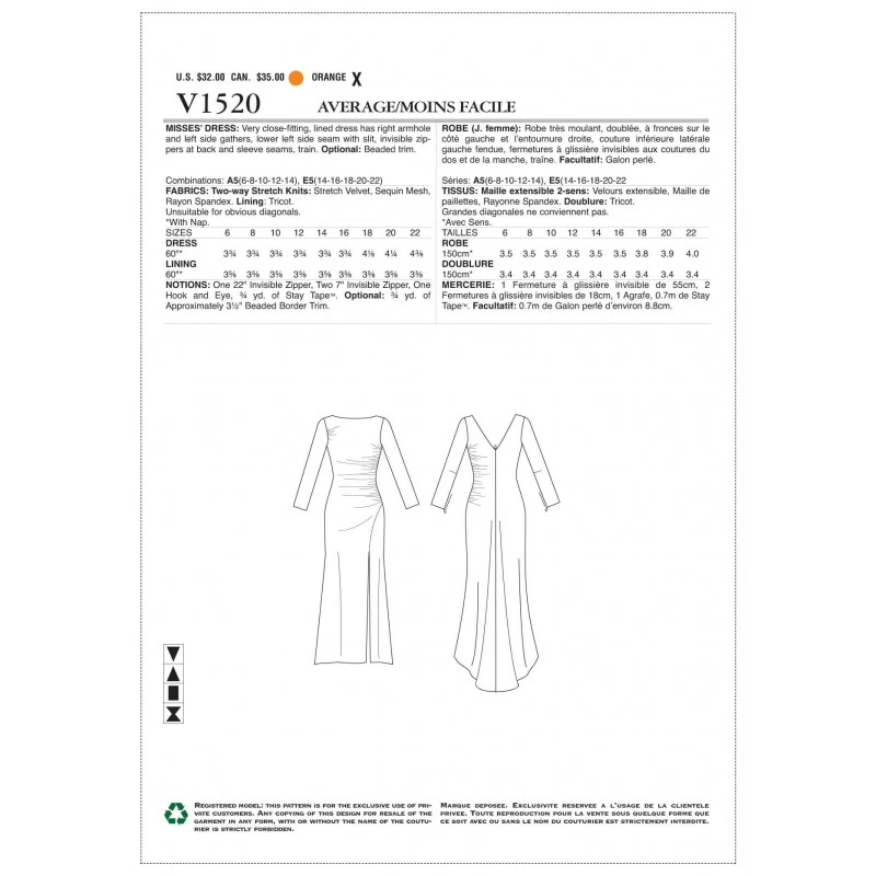 Vogue Sewing Pattern V1520 Women's Special Occasion Dress With Side Slit Skirt 4 Vogue Sewing Pattern V1520 Women's Special Occasion Dress With Side Slit Skirt - Image 2