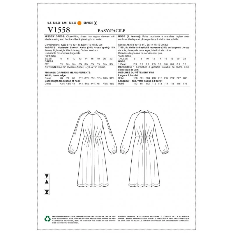 Vogue Sewing Pattern V1558 Women's Dress With Raglan Sleeve And Pleat Waist 4 Vogue Sewing Pattern V1558 Women's Dress With Raglan Sleeve And Pleat Waist - Image 2