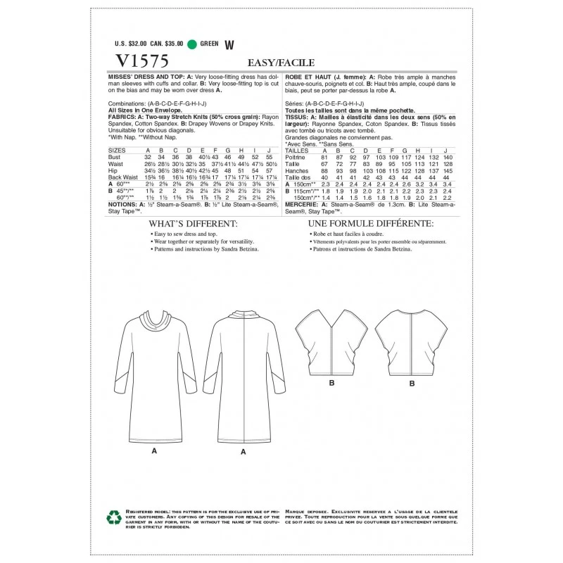 Vogue Sewing Pattern V1575 Women's Dolman Sleeve Dress And Top Overlay 4 Vogue Sewing Pattern V1575 Women's Dolman Sleeve Dress And Top Overlay - Image 2