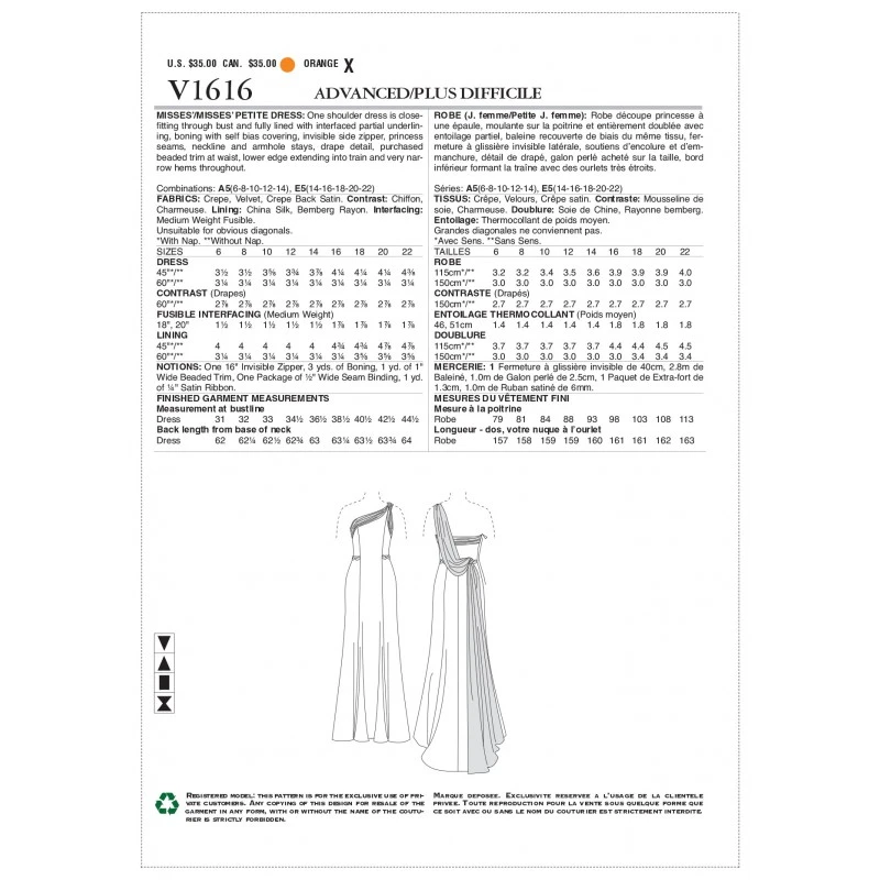 Vogue Sewing Pattern V1616 Women's Special Occasion One Shoulder Dress 4 Vogue Sewing Pattern V1616 Women's Special Occasion One Shoulder Dress - Image 2