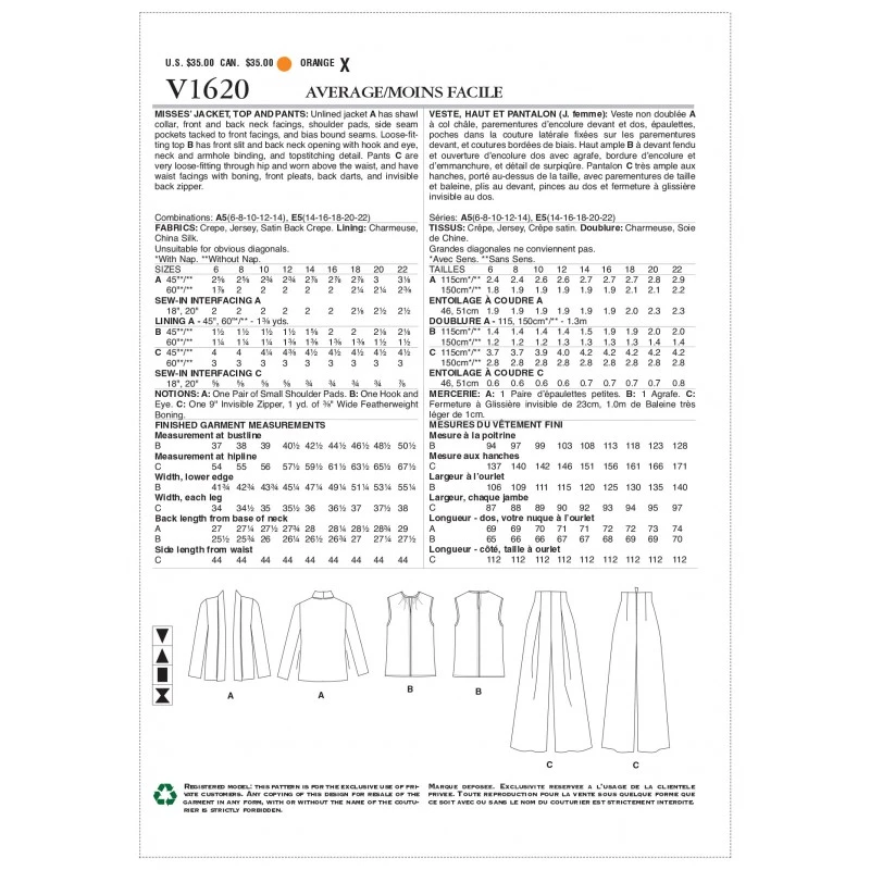 Vogue Sewing Pattern V1620 Women's Wide Leg Trousers With Top And Jacket 4 Vogue Sewing Pattern V1620 Women's Wide Leg Trousers With Top And Jacket - Image 2