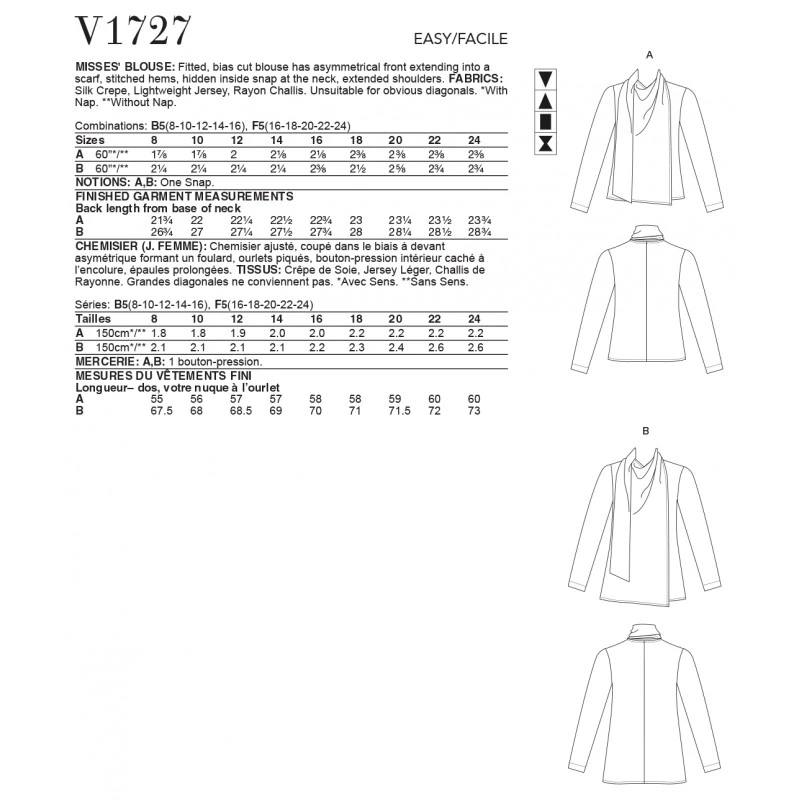 Vogue Sewing Pattern V1727 Misses' Fitted Bias Cut Blouse Asymmetrical Front 4 Vogue Sewing Pattern V1727 Misses' Fitted Bias Cut Blouse Asymmetrical Front - Image 2
