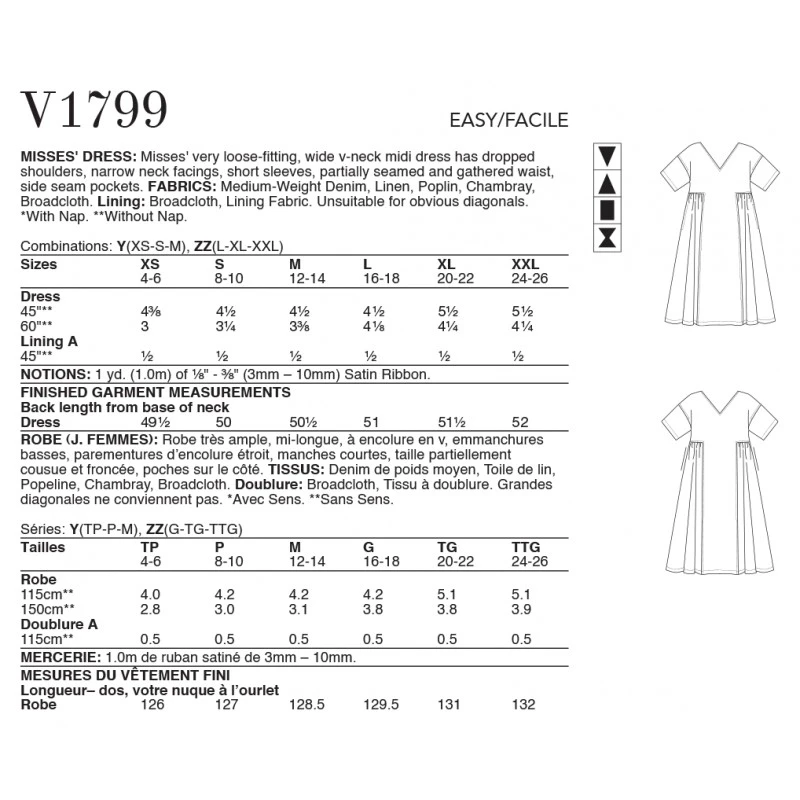 Vogue Sewing Pattern V1799 Misses' Very Loose-fitting Wide V- Neck Midi Dress 4 Vogue Sewing Pattern V1799 Misses' Very Loose-fitting Wide V- Neck Midi Dress - Image 2