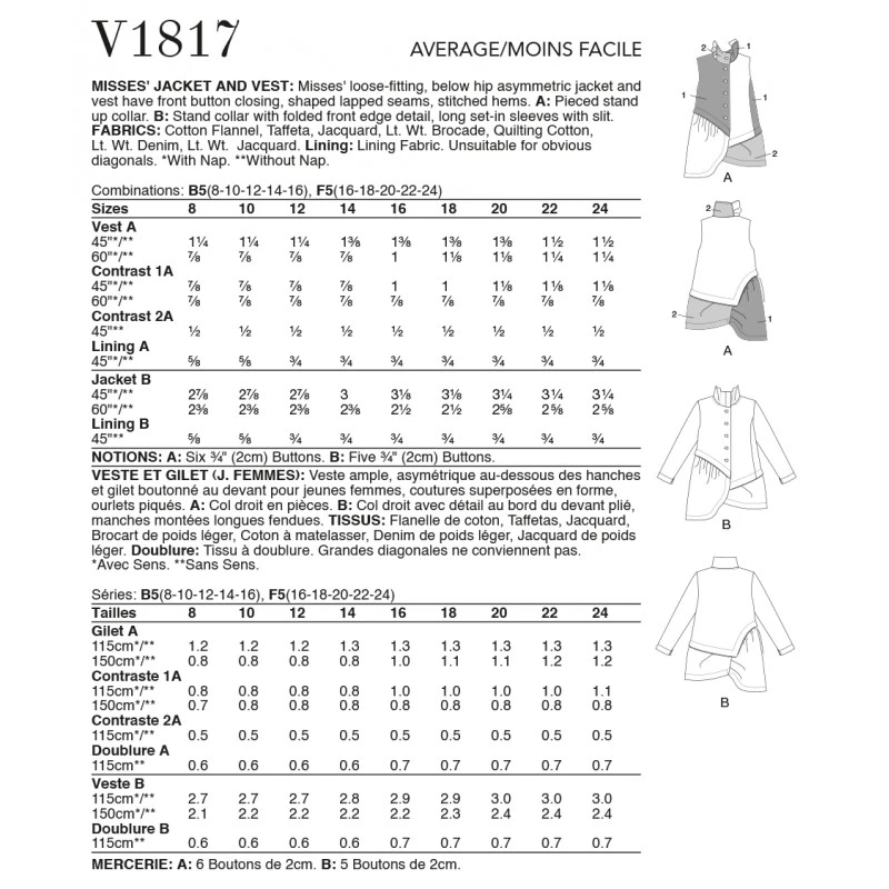 Vogue Sewing Pattern V1817 Misses' Jacket And Waistcoat, Marcy Tilton 4 Vogue Sewing Pattern V1817 Misses' Jacket And Waistcoat, Marcy Tilton - Image 2