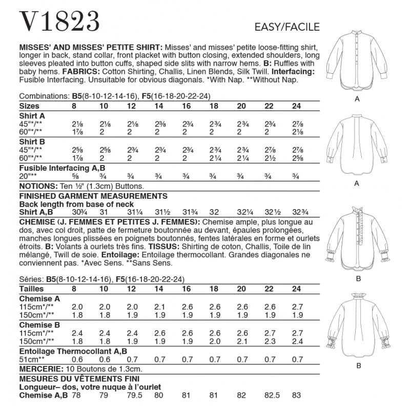 Vogue Sewing Pattern V1823 Misses' Petite Shirt Longer At The Back Stand Collar 4 Vogue Sewing Pattern V1823 Misses' Petite Shirt Longer At The Back Stand Collar - Image 2