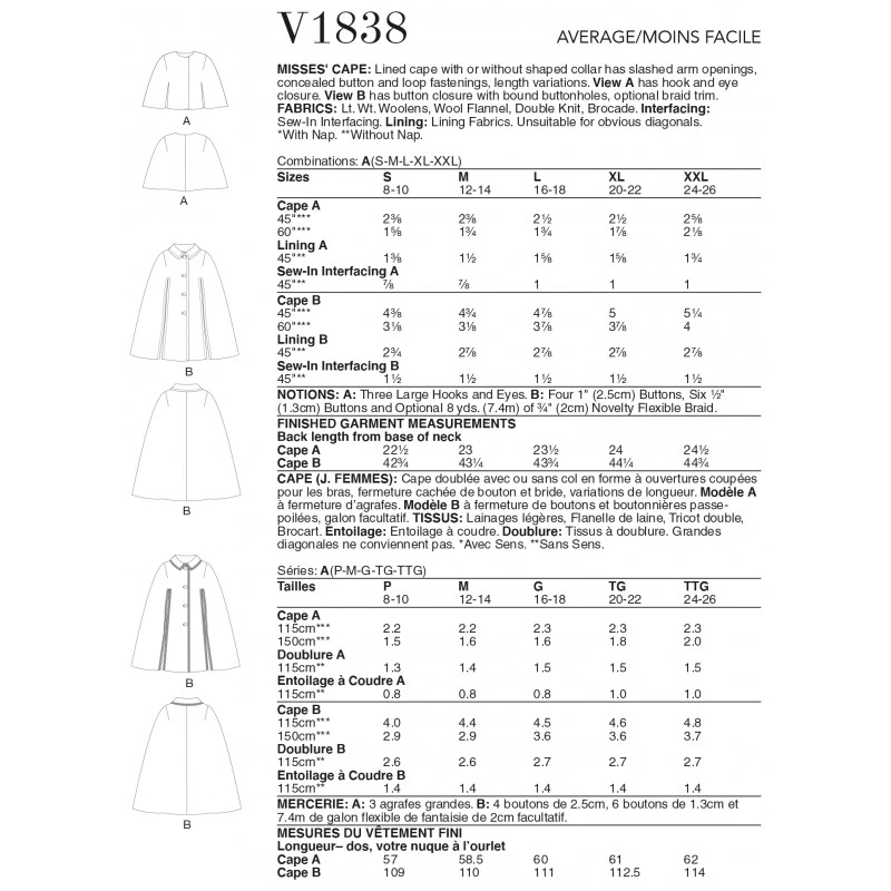 Vogue Sewing Pattern V1838 Misses' Lined Cape Optional Hood Slashed Arm Opening 4 Vogue Sewing Pattern V1838 Misses' Lined Cape Optional Hood Slashed Arm Opening - Image 2