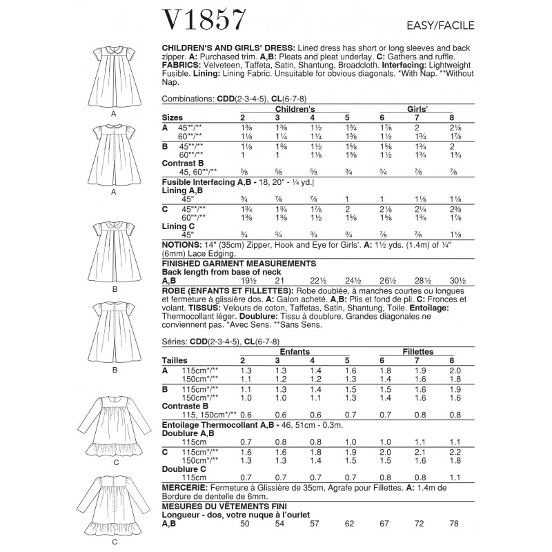 Vogue Sewing Pattern V1857 Childrens Girls Dress Sleeve Variations Back Zip 4 Vogue Sewing Pattern V1857 Childrens Girls Dress Sleeve Variations Back Zip - Image 2