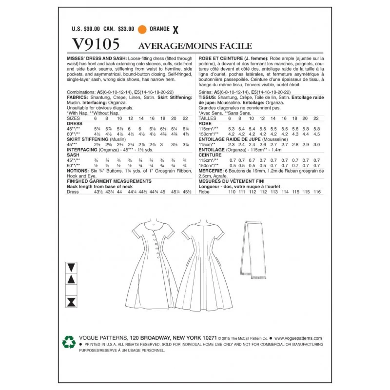 Vogue Sewing Pattern V9105 Women's Loose-Fitting Dress And Sash 4 Vogue Sewing Pattern V9105 Women's Loose-Fitting Dress And Sash - Image 2