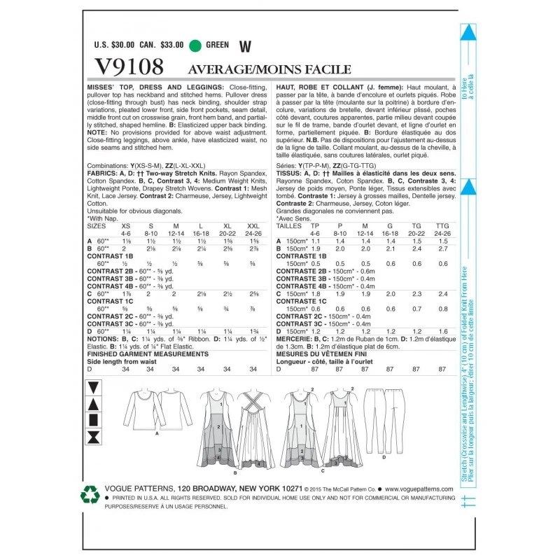Vogue Sewing Pattern V9108 Women's Misses Top Dress And Leggings 4 Vogue Sewing Pattern V9108 Women's Misses Top Dress And Leggings - Image 2