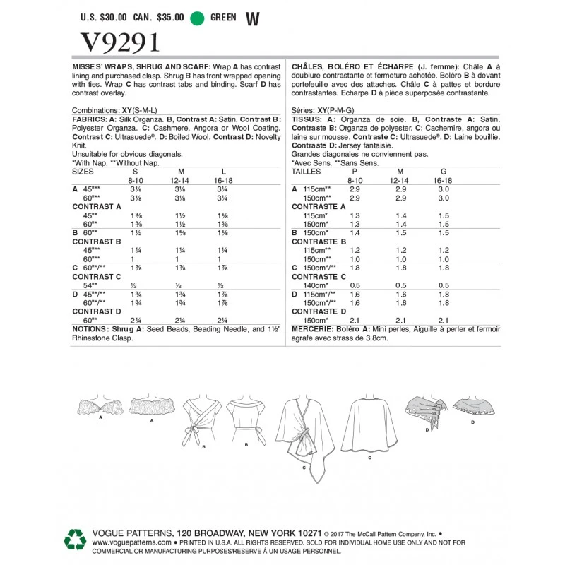 Vogue Sewing Pattern V9291 Misses’ Wraps, Shrug And Scarf 3 Vogue Sewing Pattern V9291 Misses’ Wraps, Shrug And Scarf