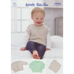 Wendy Wools Knitting Pattern PP028 Baby Sweater & Cardigan In Peter Pan 4Ply